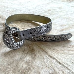 Leather Metallic Silver Tooled Leather Belt